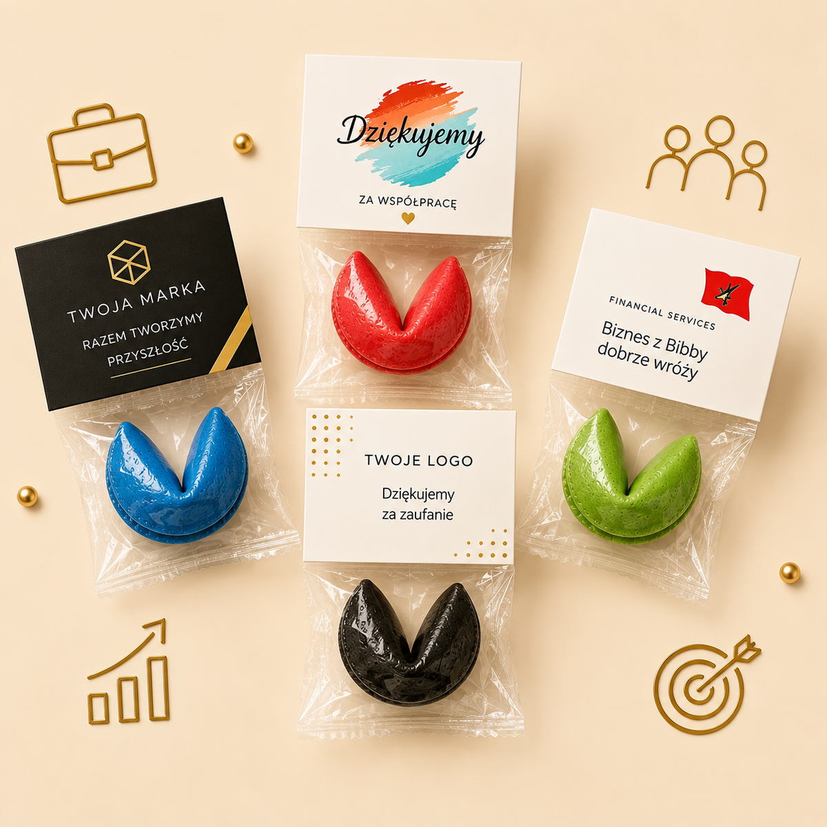 Personalizowane ciasteczka z wróżbą dla firm – kolorowe ciasteczka z logo, winietką i własnymi wróżbami