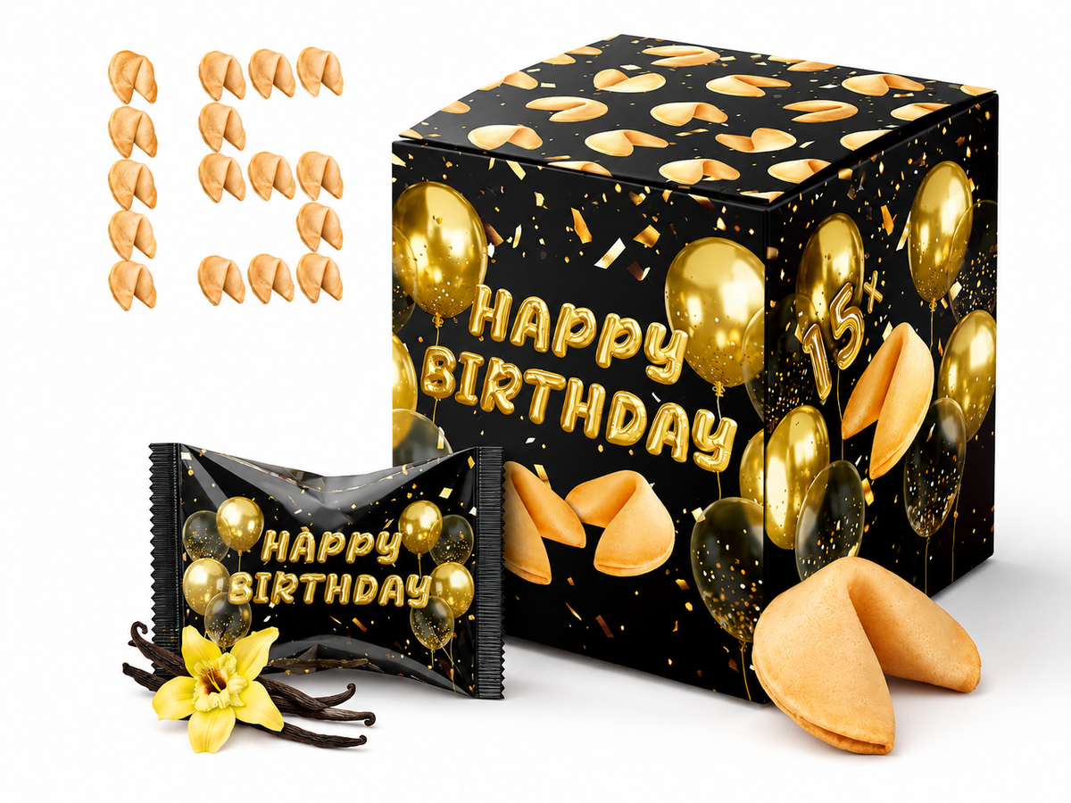 Happy Birthday Glückskekse – Geschenkbox, 15 / 30 / 45 Stück