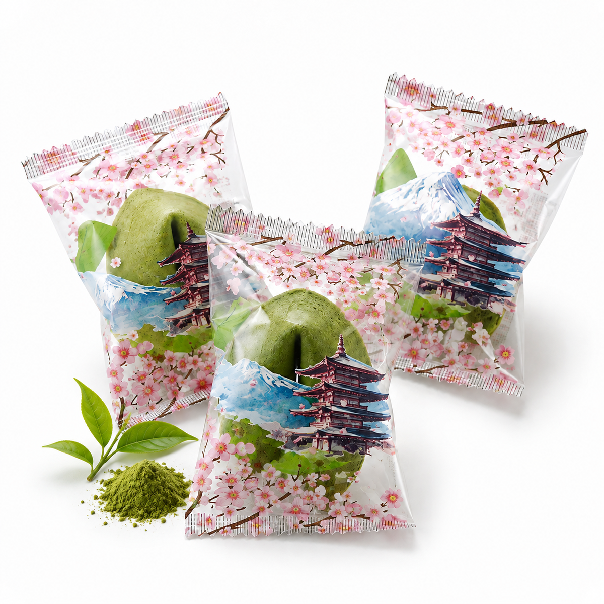 Grüne Matcha-Glückskekse in einzeln verpackter Folie mit japanischem Design auf weißem Hintergrund