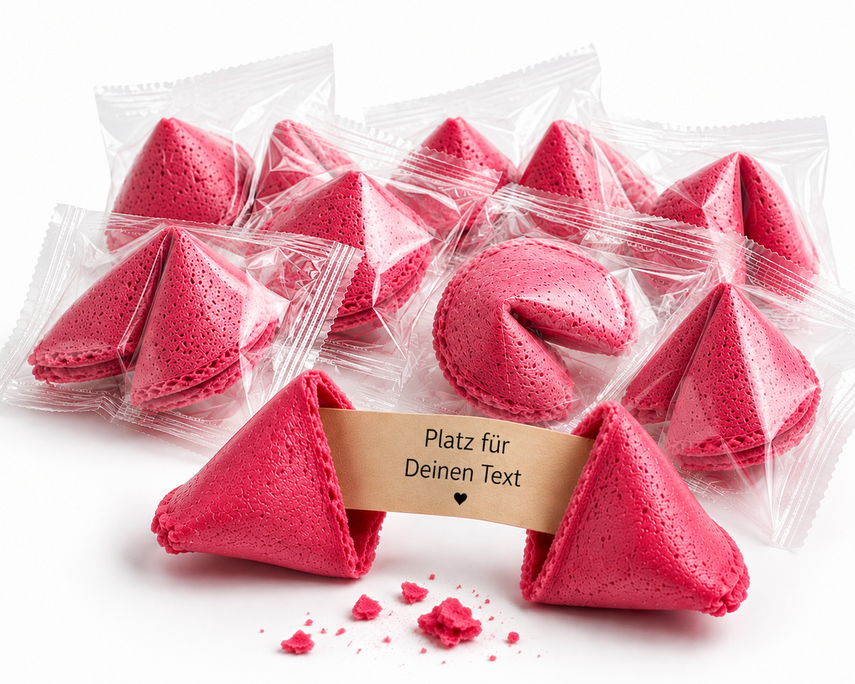 Rosa Glückskekse mit personalisiertem Text in transparenter Einzelverpackung