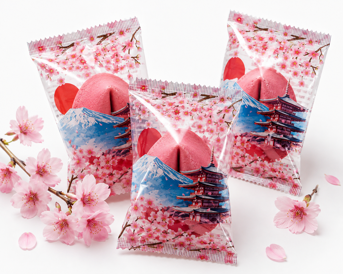 Rosa Sakura-Glückskekse in japanisch gestalteter Einzelverpackung mit Kirschblüten, Fuji und Pagode