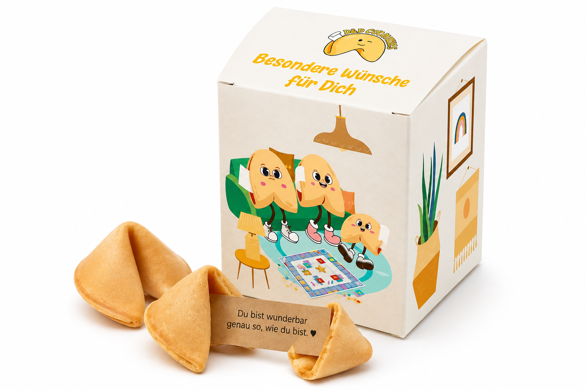 Glückskekse mit Komplimenten in einer Geschenkbox mit deutschem Glücksspruch