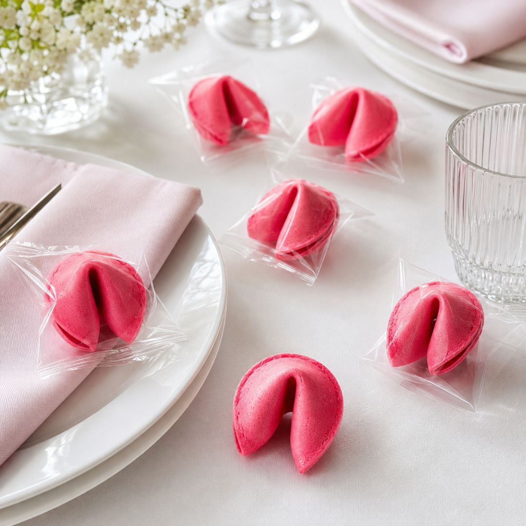 Rosa Glückskekse auf einem gedeckten Tisch für Hochzeit, Geburtstag und Feier