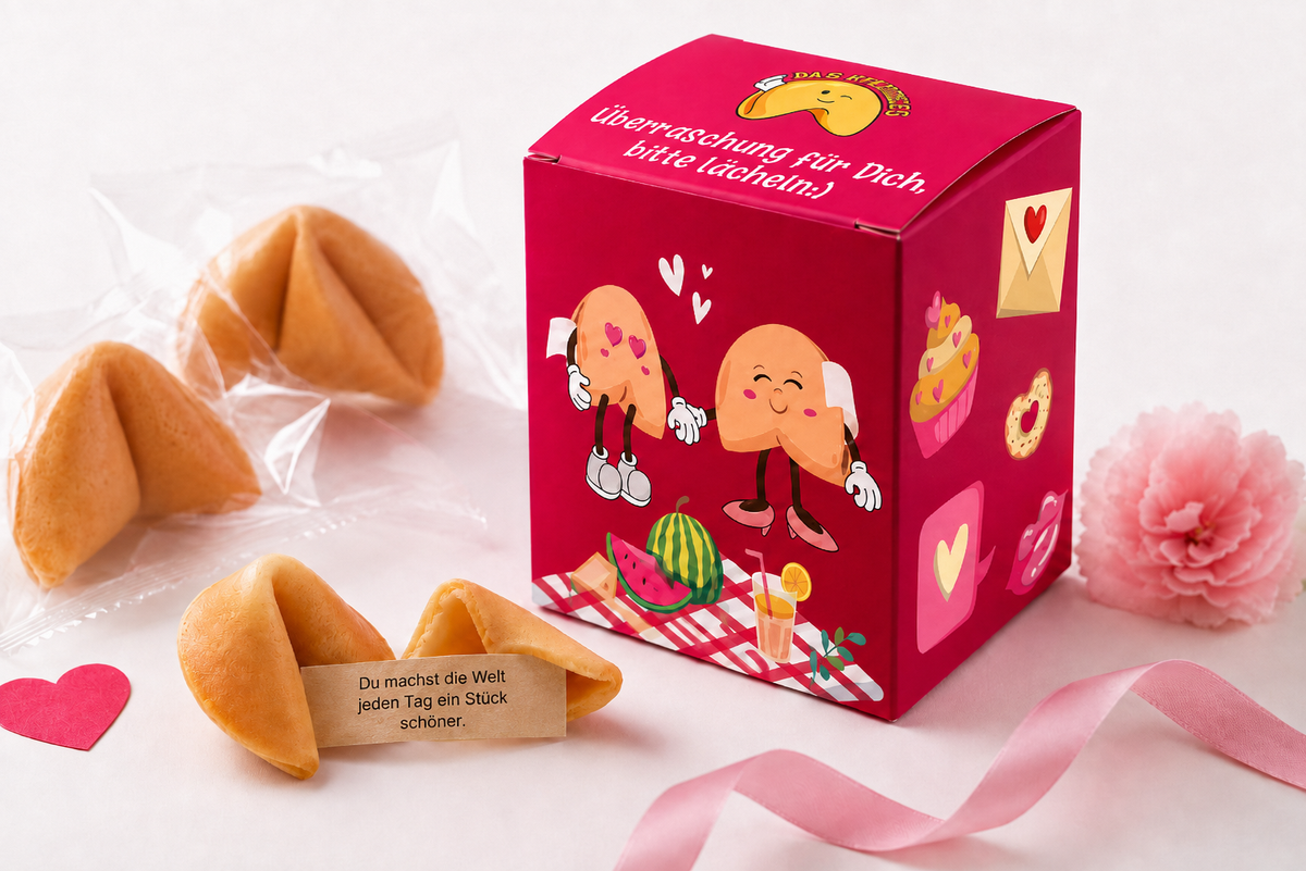 Glückskekse in romantischer Geschenkbox mit deutschem Glücksspruch