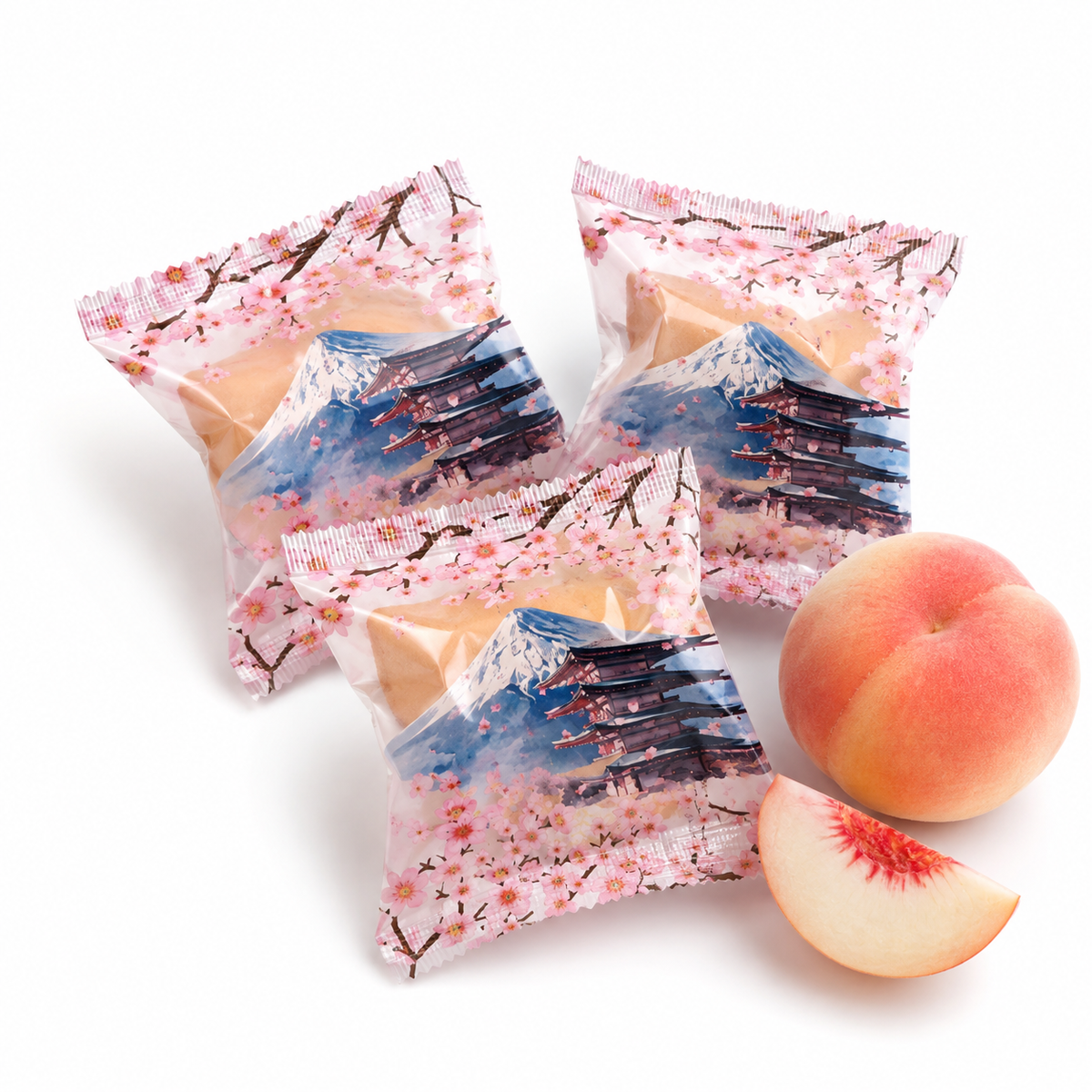 White-Peach-Glückskekse in japanischer Einzelverpackung mit Kirschblüten, Fuji, Pagode und Pfirsich